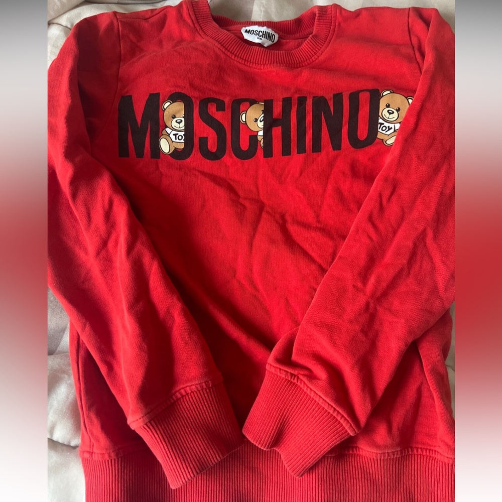 MOSCHINO UNISEX KIDS RED TEDDY LOGO COTTON CREWNECK SWEATSHIRT